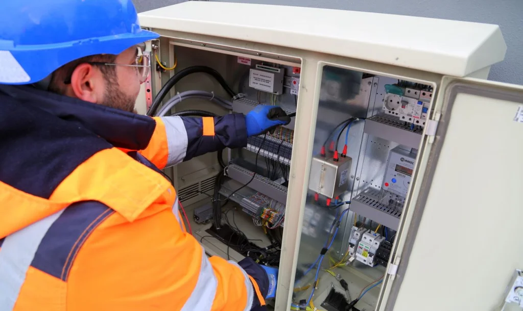 Ingeniero revisando panel eléctrico exterior en zona industrial